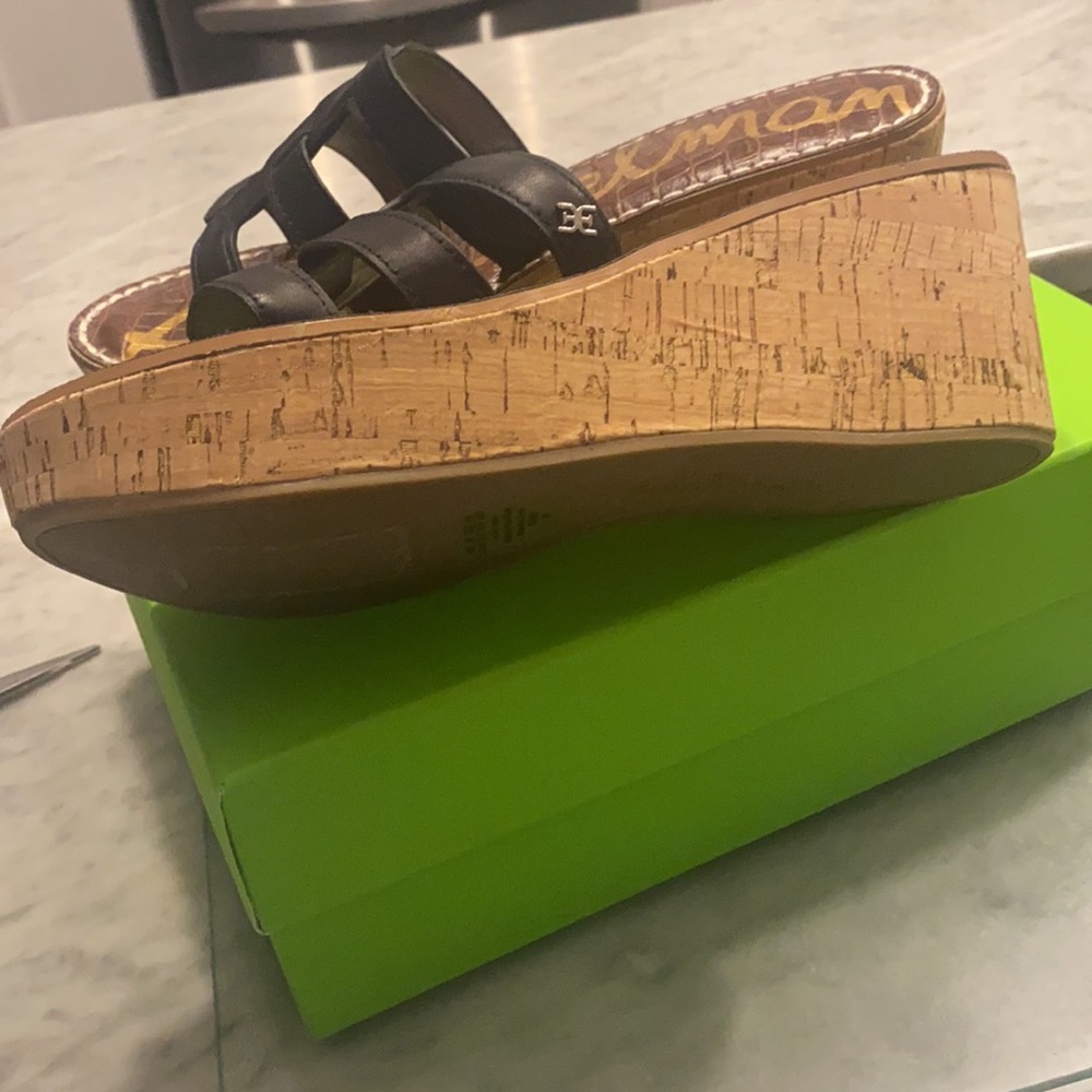 NWT Sam Edelman Black Womens Ronie Logo Cork Wedge Sandals size 9 1/2